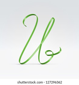 Thin green satin ribbon typeface capital U letter hanging over light background