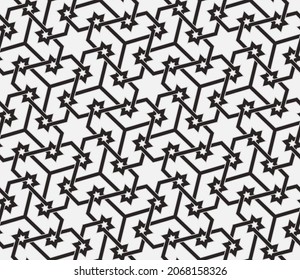 Р con delgadas líneas rectas grises, estrellas y polígonos sobre fondo blanco. Diseño geométrico abstracto lineal sin inconvenientes. Fondo de estilo árabe. Ornamento vectorial para textiles, tela, papel pintado.