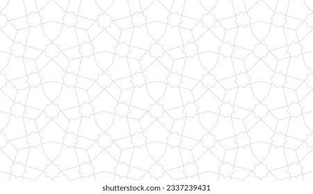 Рattern with thin grey straight lines, stars and polygons on white background. Seamless linear Abstract geometric design. Background in Arabic style. Vector ornament for textile, fabric, wallpaper.