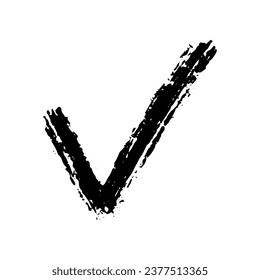 Thin grunge graphic sign isolated on white background. Black textured checkmark element, confirmation and approval, upvote.