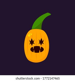 thin halloween pumpkin with thick green stalk with eyes cut out and sharp fangs.  Autumn holiday concept object on dark night background