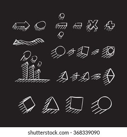 Thin hand drawn arrows, geometric shapes with shadow, mathematical signs painted white pen on black background. Doodle, sketch. Vector set.