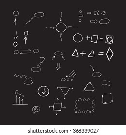 Thin hand drawn arrows, talk bubble, geometric shapes, mathematical signs painted white pen on black background. Doodle, sketch. Vector set.