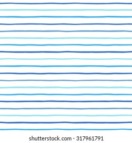 Thin hand drawn stripes seamless vector pattern. Shades of blue and white striped background. Slightly wavy uneven streaks.