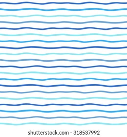 Thin hand drawn wavy stripes seamless vector pattern. Waves backdrop. Shades of blue and white sea striped abstract background. Wavy uneven streaks. 