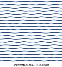 Thin hand drawn wavy stripes seamless vector pattern. Navy blue waves backdrop. Marine striped abstract background. Wavy uneven streaks. 