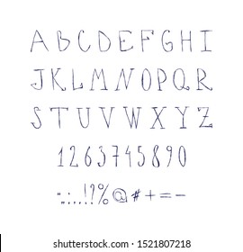 Thin handwritten font. Set of letters, numbers and signs. Vector isolated illustration on white.