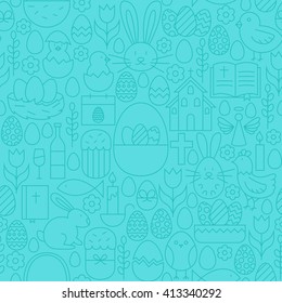 Thin Happy Easter Line Seamless Blue Pattern. Vector Website Design and Seamless Background in Trendy Modern Outline Style. Spring Holiday.