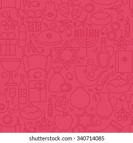 Thin Happy Hanukkah Line Seamless Pink Pattern. Vector Jewish Winter Holiday Design and Seamless Background in Trendy Modern Line Style. Israel Judaism Religion