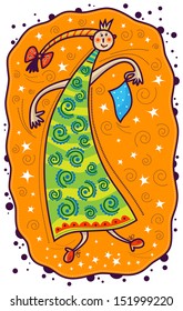 A thin, high princess dancing with a blue handkerchief in his hand. On a yellow background image white stars and purple spiral.