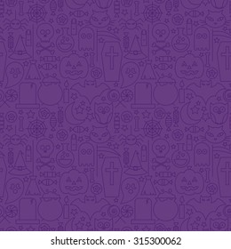 Thin Holiday Line Halloween Purple Seamless Pattern. Vector Scary Party Design and Seamless Background in Trendy Modern Line Style. Thin Outline Art. Sweets and Treats