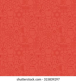 Thin Holiday Line Jewish New Year Red Seamless Pattern. Vector Rosh Hashanah Design and Seamless Background in Trendy Modern Line Style. Thin Outline Art. Israel Judaism Religion