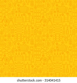 Thin Holiday Line Oktoberfest Yellow Seamless Pattern. Vector German Beer Party Design and Seamless Background in Trendy Modern Line Style. Thin Outline Art