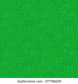 Thin Holiday Line Saint Patrick Day Green Seamless Pattern. Vector Design and Tile Background in Trendy Modern Style. Thin Outline Irish Art.