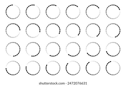 Thin hollow circle segmented into 24 parts buffering or loading symbol set. Set of thin hollow circle divided into twenty-four shades of black colour isolated on white background.