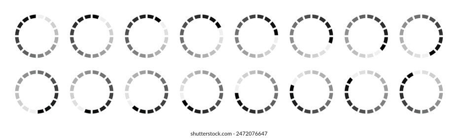 Thin hollow circle segmented into 16 parts buffering or loading symbol set. Set of thin hollow circle divided into sixteen shades of black colour isolated on white background.