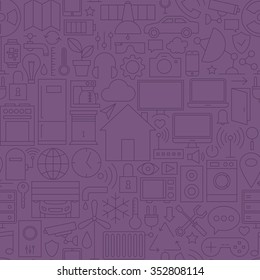 Thin Home Technology Seamless Dark Purple Pattern. Vector Web Design Seamless Background in Trendy Modern Line Style. Smart House Outline Art.