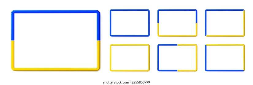 Thin horizontal frame with shadow in Ukrainian flag colors for Ukraine support. Vector 3d graphic illustration. Blank border with rounded corners is a patriotic marketing presentation concept