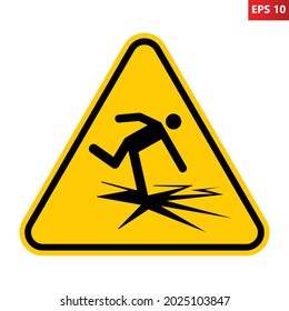 Señal de hielo delgado. Ilustración vectorial del signo de advertencia del triángulo amarillo con un hombre cayendo sobre hielo agrietador. Precaución al romper el hielo. Riesgo de caer en agua fría. Zona peligrosa.