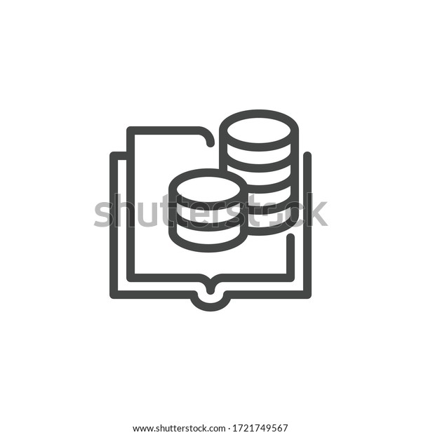 Thin\
Icon of Accountant, Accounting and Budget or Banking. Such Line\
Sign as Book Ledger and Cash coins. Custom Vector Pictogram EPS 10\
for Web and App in Outline Style Editable\
Stroke.