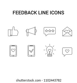 Thin icon collection about feedback or review. Speech bubble; envelope; heart; phone; light bulb; lamp; star; thumb up; loud speaker;  check mark.  Logo, symbols, vector illustration