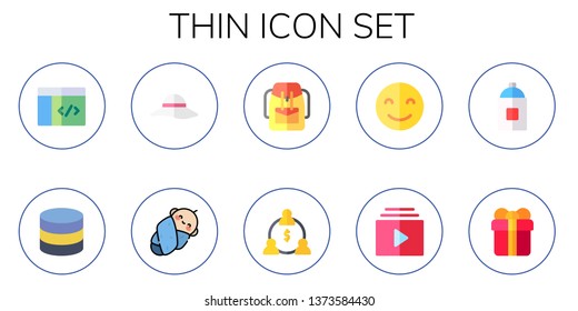 thin icon set. 10 flat thin icons.  Simple modern icons about  - coding, database, pamela, baby, rucksack, group, happy, playlist, paint spray, gift