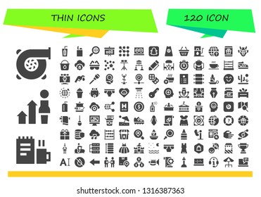thin icon set. 120 filled thin icons.  Simple modern icons about  - Turbo, Work, Development, Drink, Groceries, Search, Graphic, Pattern, Laptop, Snapchat, Superhero, Shopping basket