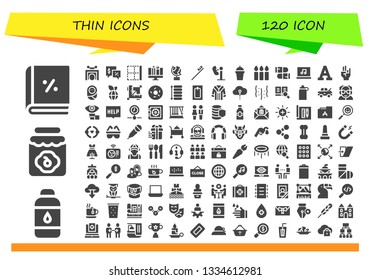 thin icon set. 120 filled thin icons.  Collection Of - Account, Contact lens, Jam, Trick, Talk, Border, Graphic design, Globe, Toothbrush, Amusement park, Drink, Candles, Bullets
