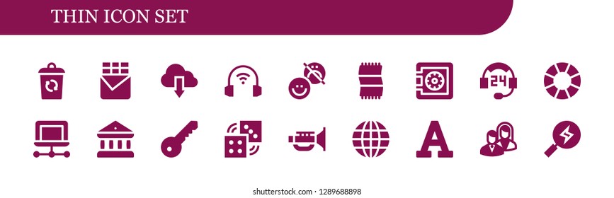  thin icon set. 18 filled thin icons. Simple modern icons about  - Container, Chocolate bar, Cloud, Headphones, Happiness, Towel, Safe, Support, Lifebuoy, Laptop, Bank, Key, Dices