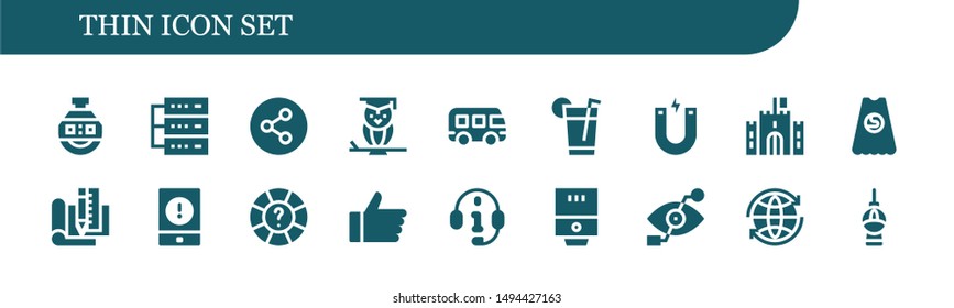 thin icon set. 18 filled thin icons.  Simple modern icons about  - Stopclock, Database, Share, Wisdom, Bus, Drink, Magnet, Castle, Superhero, Plan, Event, Help, Hand, Headphones
