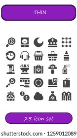  thin icon set. 25 filled thin icons. Simple modern icons about  - Search, Event, Night, Bank, Pattern, History, Support, Shopping basket, Basket, Eye drops, Scratcher, Oven, Veterinary