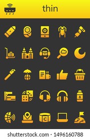 thin icon set. 26 filled thin icons.  Collection Of - Bullet, Router, Baby, Event, Cricket, Drill, Delivery cart, Petronas, Headphones, Cloud computing, Night, Pen, World, Work