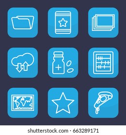 Thin icon. set of 9 outline thin icons such as photos, abacus, folder, star, pizza, medicine bottle, download upload cloud