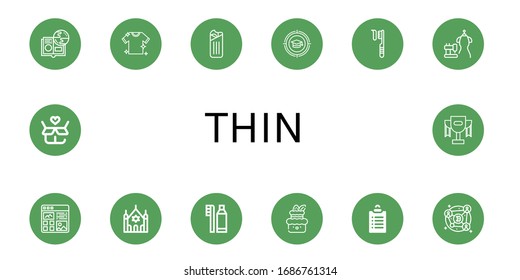thin icon set. Collection of Online learning, Laundry, Shawarma, Education, Toothbrush, Bride dress, Article, Synagogue, Dental hygiene, Cake, Goals, Blockchain, Gift, Trophy icons