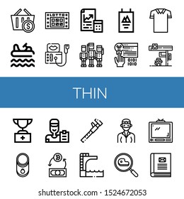thin icon set. Collection of Shopping basket, Bumper, Lotto, Sonography, Maths, Team, Poster, Coding, Polo shirt, Gas station, Trophy, Tomato, Coach, Exchange, Measure, Trampoline icons