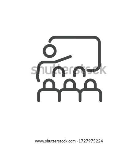 Thin Icon Training, Business Presentation and Seminar or Coaching. Such Line Sign as Classroom and Trainer. Custom Vector Pictogram EPS 10 for Web in Outline Style on White Background Editable Stroke.