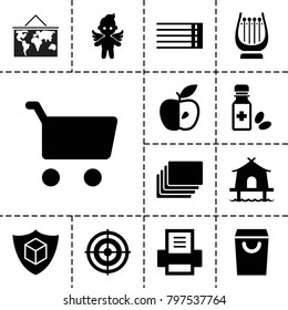 Thin icons. set of 13 editable filled thin icons such as shopping bag, shopping cart, apple, cargo insurance, angel, target, medicine bottle, guitar strings, printer, tent