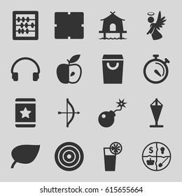 Thin icons set. set of 16 thin filled icons such as clock, abacus, star, apple, stopwatch, angel, headset, bomb, cocktail, tent, target, marketing, flag, bow, leaf