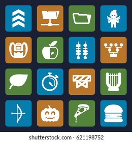 Thin icons set. set of 16 thin filled icons such as barrier, backpack, folder, pizza, apple, stopwatch, angel, pumpkin haloween, kebab, arrow, bow, harp, burger, leaf