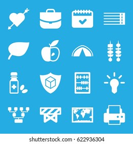 Thin icons set. set of 16 thin filled icons such as barrier, case, printer, apple, calendar, cargo insurance, medicine bottle, guitar strings, abacus, kebab, tent, bulb