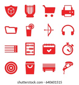 Thin icons set. set of 16 thin filled icons such as printer, folder, pizza, stopwatch, calendar, cargo insurance, headset, guitar strings, abacus, cocktail, target, bow, harp