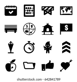 Thin icons set. set of 16 thin filled icons such as barrier, abacus, folder, apple, stopwatch, calendar, angel, thumb up, tent, arrow, marketing, flag, world map