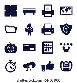 Thin icons set. set of 16 thin filled icons such as backpack, clock, abacus, printer, folder, stopwatch, cargo insurance, angel, music cloud, pumpkin haloween, thumb up