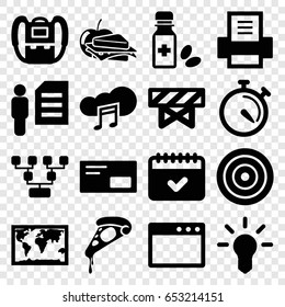 Thin icons set. set of 16 thin filled icons such as barrier, backpack, pizza, sandwich and apple, stopwatch, calendar, medicine bottle, music cloud, printer, envelop