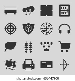 Thin icons set. set of 16 thin filled icons such as clock, abacus, printer, cargo insurance, headset, music cloud, kebab, photo, envelop, target, marketing, bow, leaf