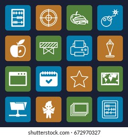 Thin icons set. set of 16 thin filled and outline icons such as apple, calendar, angel, abacus, barrier, photos, printer, sandwich and apple, bomb, world map, flag, star