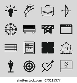 Thin icons set. set of 16 thin filled and outline icons such as barrier, clock, bulb, target, flag, case, abacus, pizza, guitar strings, tent, bow, flag with dollar