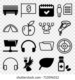 Thin icons set. set of 16 thin filled and outline icons such as calendar, angel, headset, medicine bottle, folder, pizza, apple, tent, leaf, flag with dollar, bench
