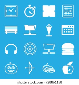 Thin icons set. set of 16 thin filled and outline icons such as clock, apple, stopwatch, headset, flag, abacus, sandwich and apple, pumpkin haloween, bow, burger, folder