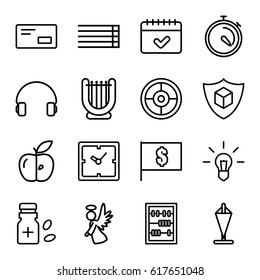 Thin icons set. set of 16 thin outline icons such as clock, apple, stopwatch, calendar, cargo insurance, angel, headset, medicine bottle, guitar strings, abacus, envelop